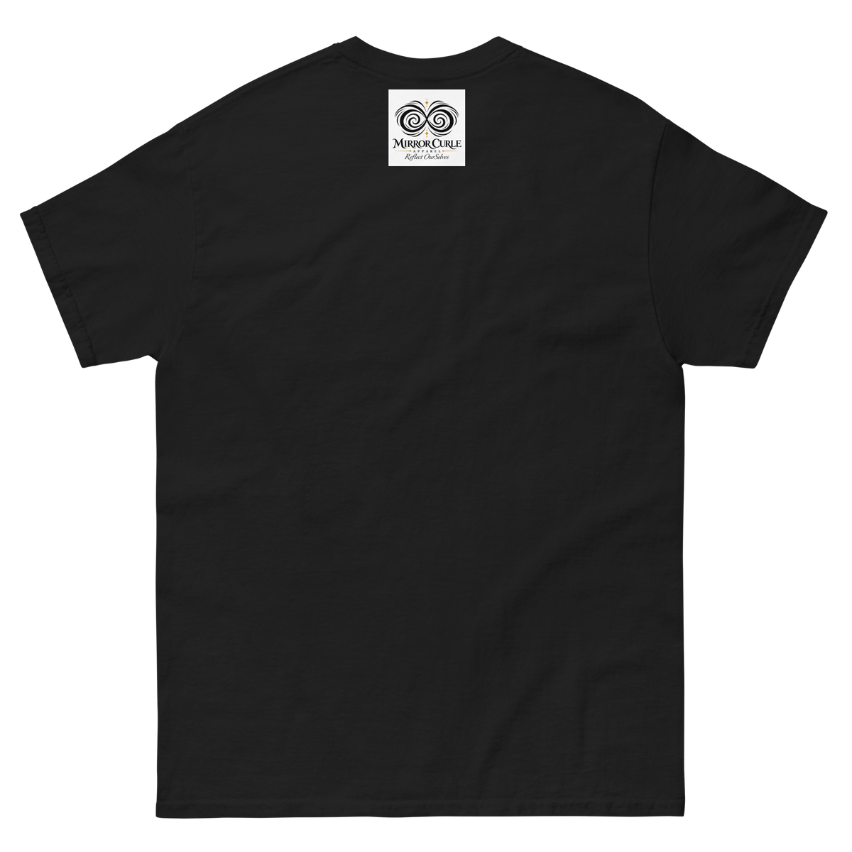 Black T-shirt, back view with the Mirror Curle Apparel mark below the collar.