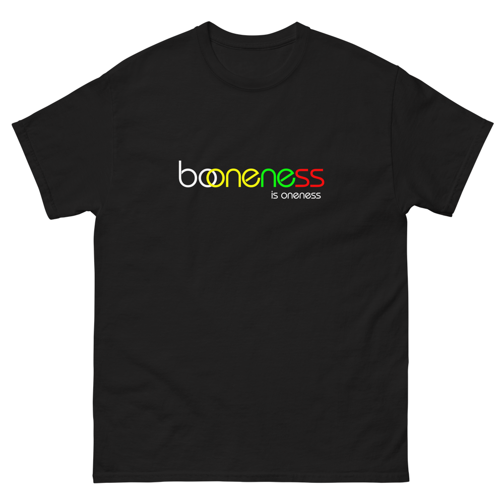 booneness is oneness T-shirt, Black, front view.