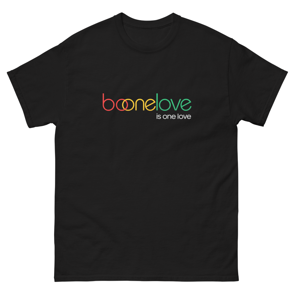 boonelove is one love T-shirt, Black, front view.