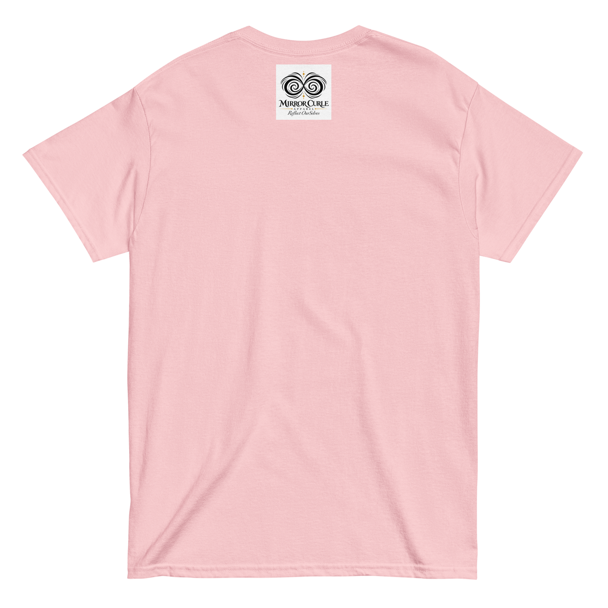 MADE IN BARBADOS T-shirt, Light Pink, back view with the Mirror Curle Apparel mark below the collar.