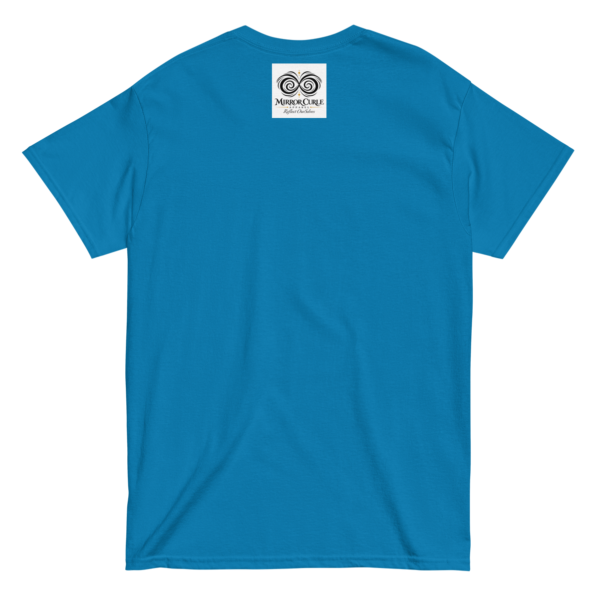 OYE COMO VA T-shirt, Sapphire, back view with the Mirror Curle Apparel mark below the collar.