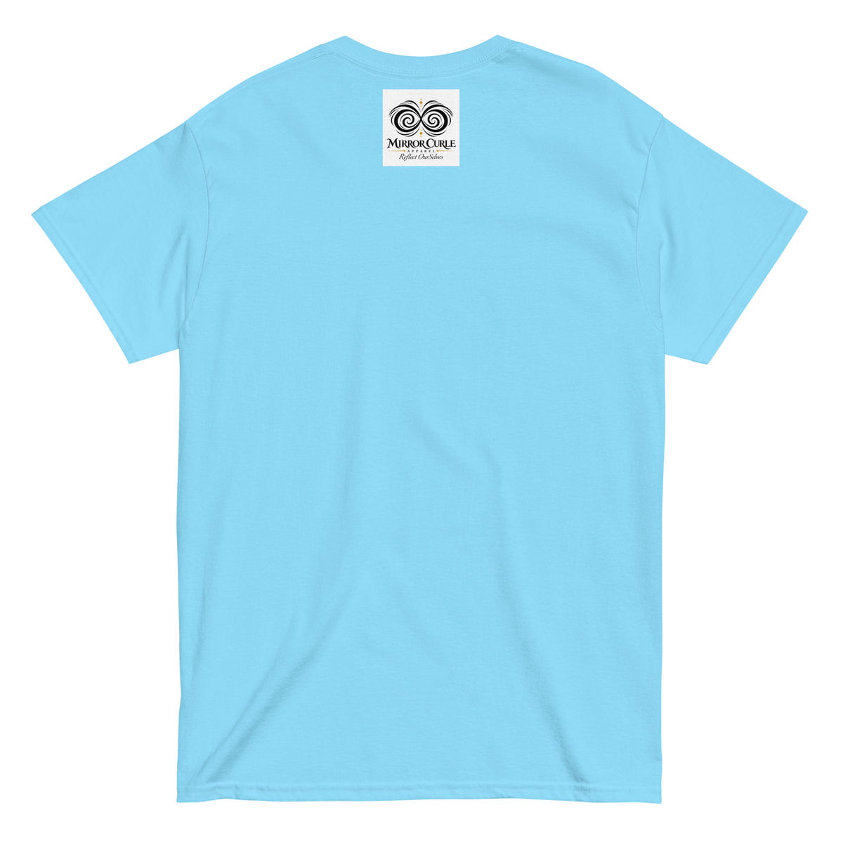 XAYMACA T-shirt, Sky, back view with the Mirror Curle Apparel mark below the collar.