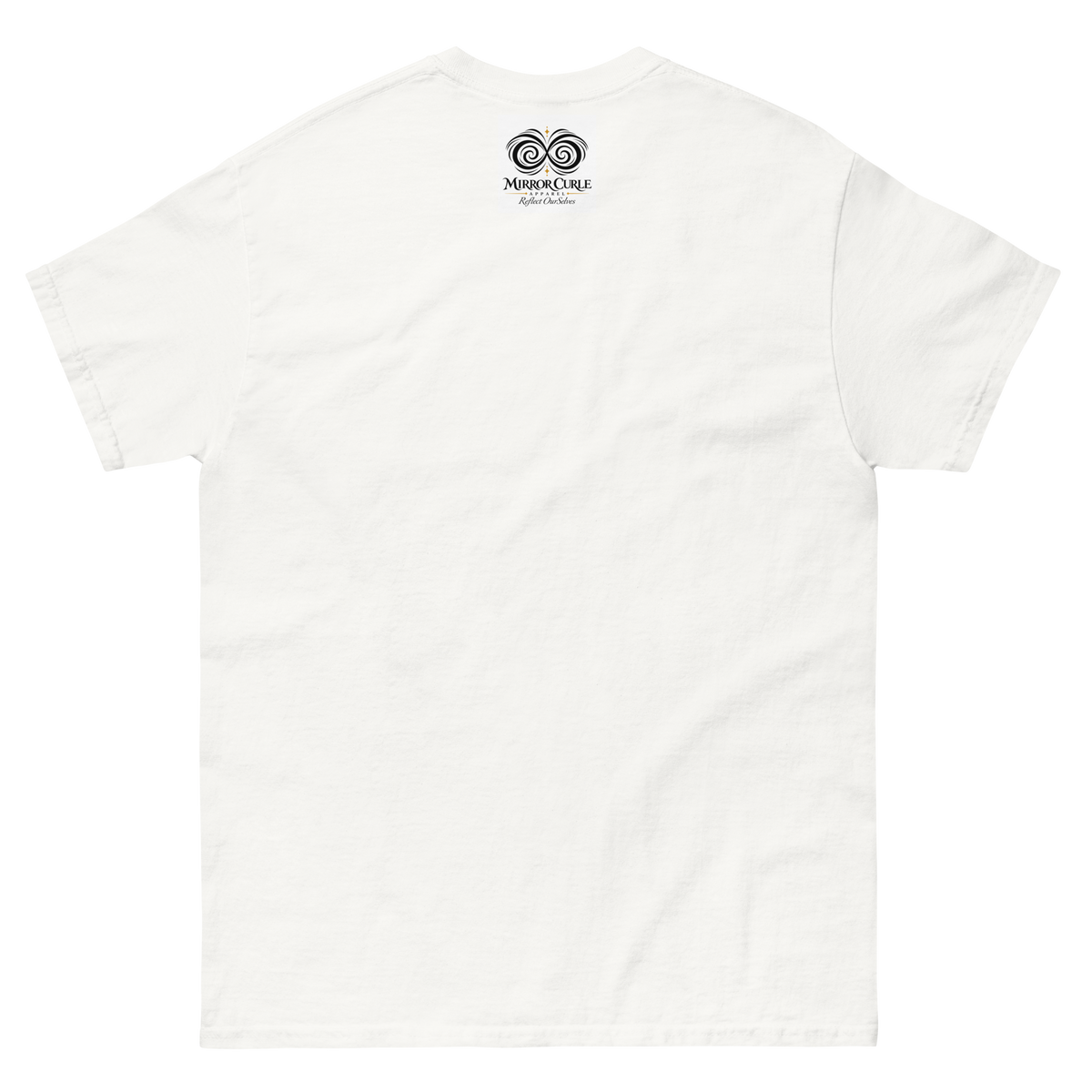 MADE IN TRINIDAD T-shirt, White, back view with the Mirror Curle Apparel mark below the collar.