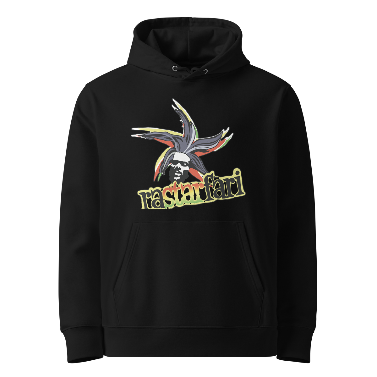 RASTARFARI hoodie, Black, front view.