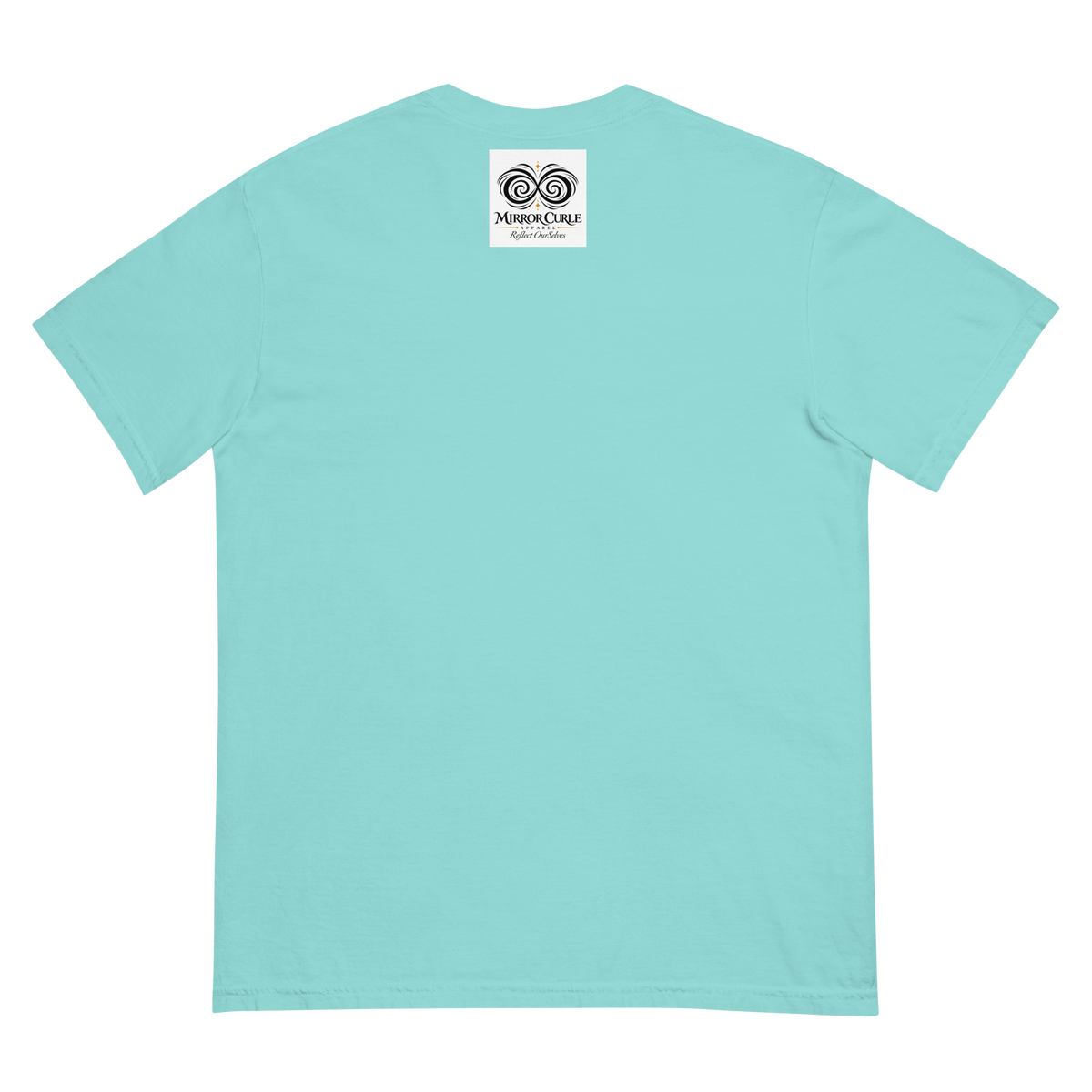 I STAND REMEMBERED T-shirt, Lagoon Blue, back view with the Mirror Curle Apparel mark below the collar.