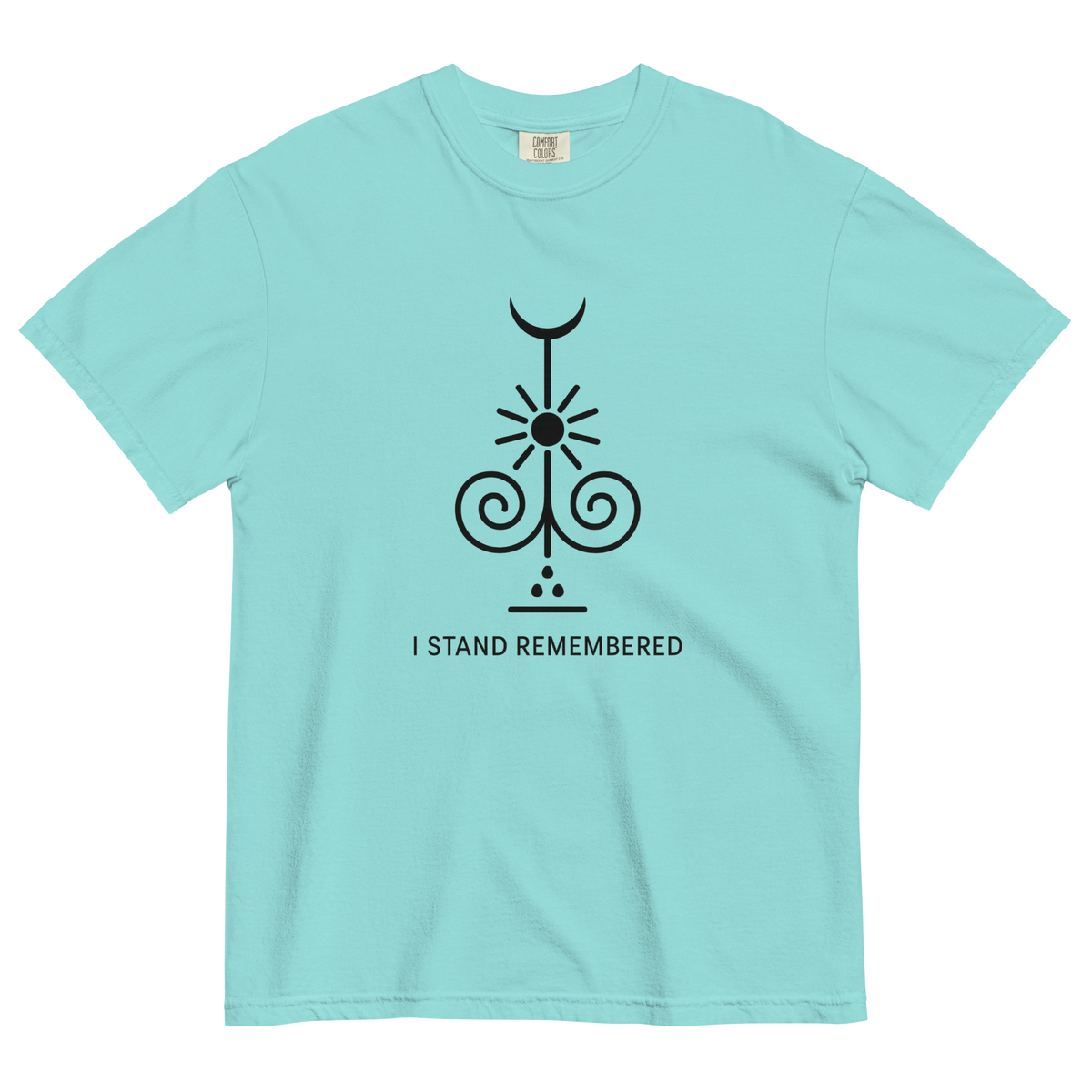 I STAND REMEMBERED T-shirt, Lagoon Blue, front view.