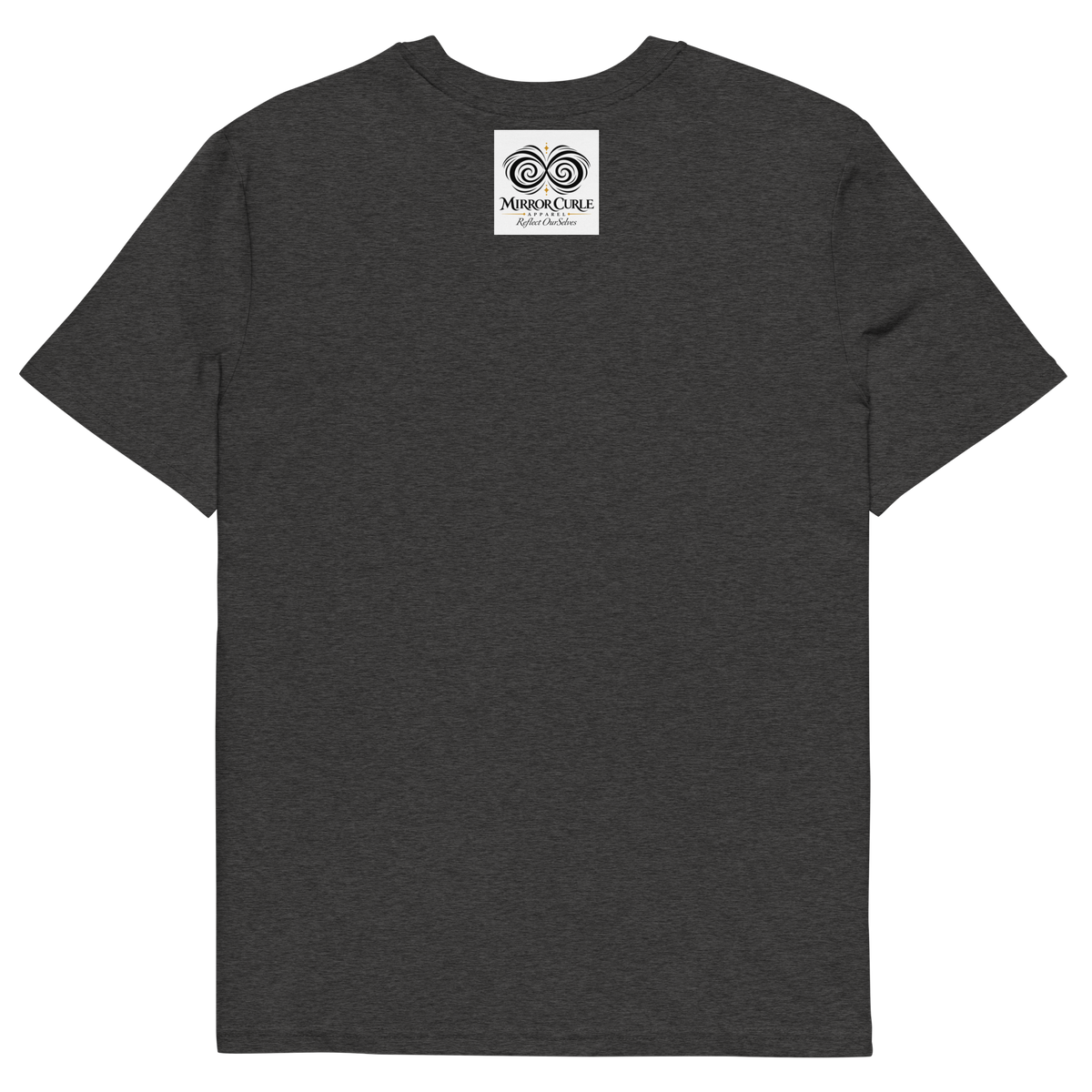EYETAL T-shirt, Dark Heather Grey, back view with the Mirror Curle Apparel mark below the collar.