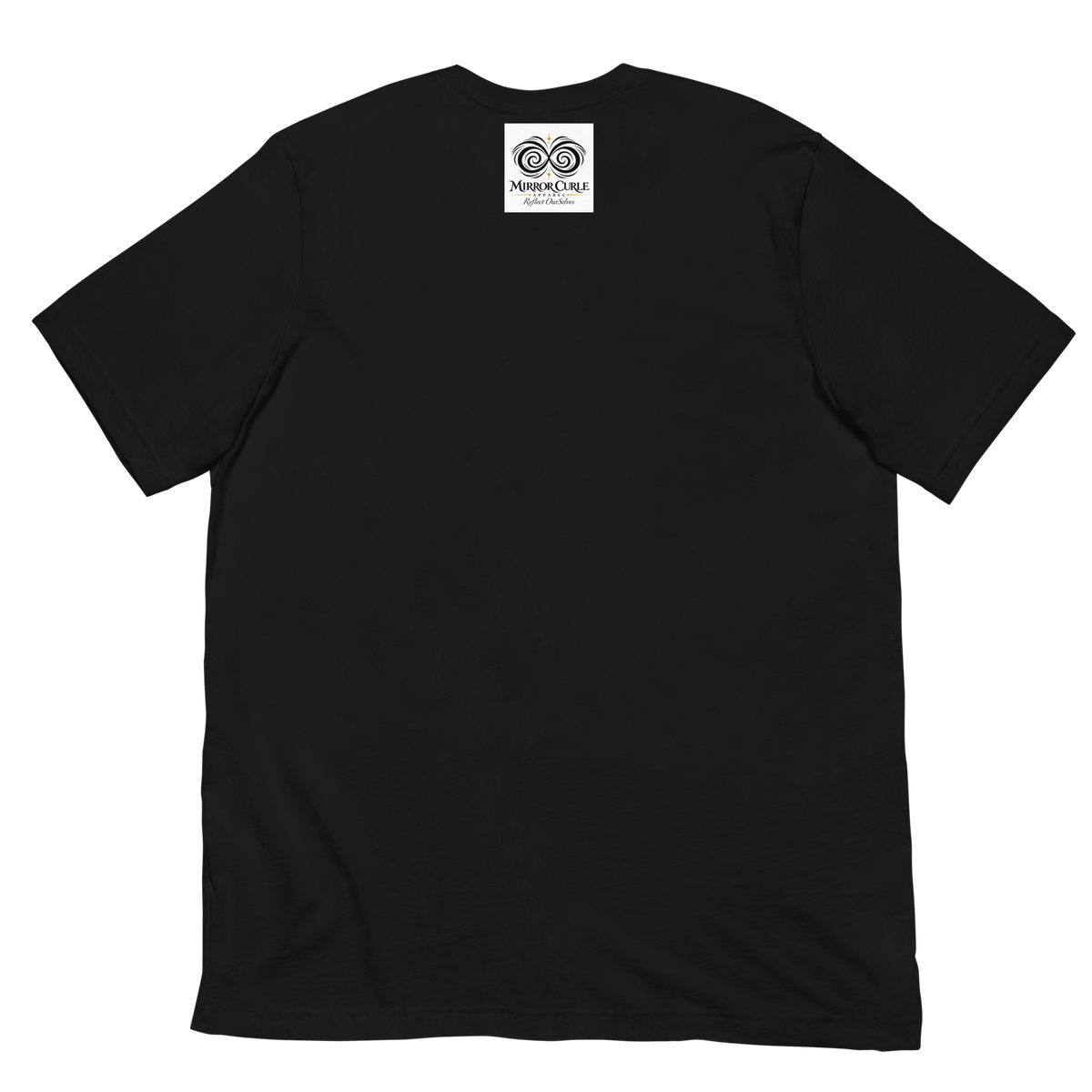 Black T-shirt, back view with the Mirror Curle Apparel mark below the collar.